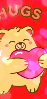 Cute cartoon bear holding a heart with a red background and pink hearts