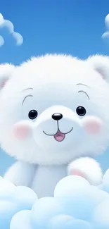 Cute cartoon bear nestled in fluffy clouds under a serene blue sky.