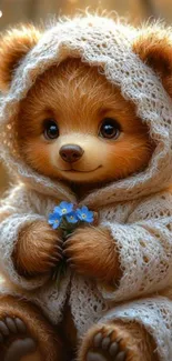 Adorable bear in a knitted hoodie holding blue flowers.
