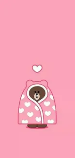 Cute bear with pink heart robe on pink background wallpaper.