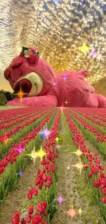 Giant pink bear resting in tulip field under a vibrant sky.