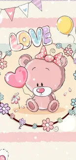 Cute bear with heart and balloons on a pastel wallpaper.