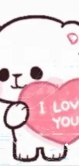 Cute bear holding a pink heart with 'I love you' text.