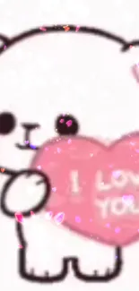 Adorable bear with a pink heart saying 'I Love You'.