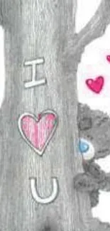 Cute gray bear peeks from behind a tree with I love U carved.