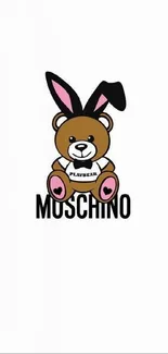 Cute bear with bunny ears and brand name Moschino on white background.