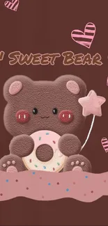 Cute bear holding a doughnut with hearts and star wand on brown background.