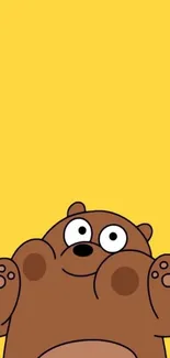 Adorable cartoon bear on yellow background for mobile wallpaper.