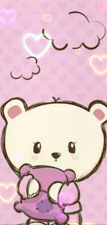 Adorable bear on pink heart background.