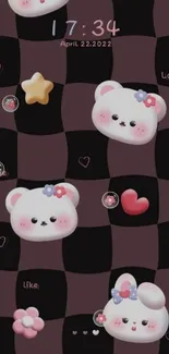 Cute bear and heart wallpaper with checkerboard design.