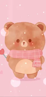 Adorable bear with scarf on pink background with hearts.