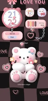 Cute bear themed mobile wallpaper with pink and pastel widgets.