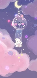 Cute bear with moon in pastel night sky wallpaper.