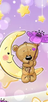 Cute bear on crescent moon with purple flowers wallpaper.