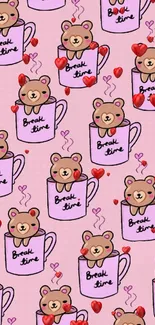 Cute bear mugs on pink wallpaper background.