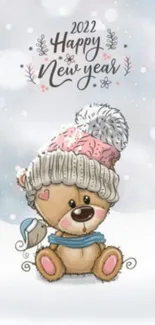 Cute bear with hat on a snowy New Year background.