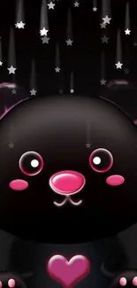 Cute black bear wallpaper with pink nose and stars.