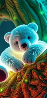 Plush bear resting on a glowing, vibrant tree branch in a magical setting.