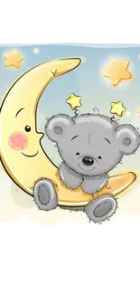 Cute bear sitting on a crescent moon with stars in a pastel night sky.