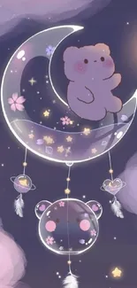 Cute bear sitting on crescent moon with stars.