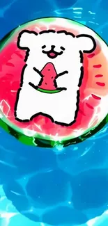 Cartoon bear on a watermelon float in a pool.