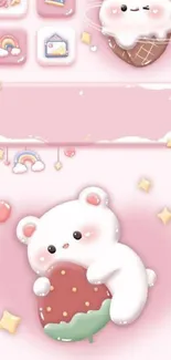 Cute bear with ice cream in pink wallpaper theme.