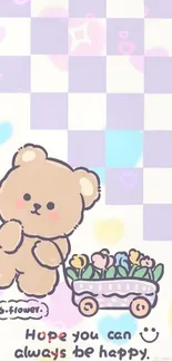 Cute pastel bear wallpaper with flowers and checkered background.