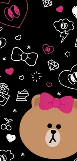 Cute bear with pink bow on doodle background wallpaper.