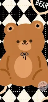 Cute cartoon bear on geometric pattern wallpaper.