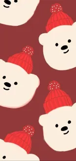 Cute bear pattern wallpaper with red hats on a crimson background.