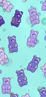 Aqua background with cute purple cartoon bears.