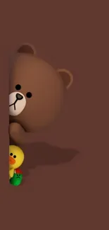 Cute bear and duck peeking on a brown background.