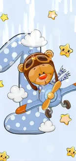 Cartoon bear flying a plane with stars and clouds.