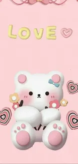 Cute bear and hearts on pink wallpaper.