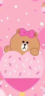 Cute cartoon bear in pink heart wallpaper.