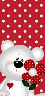 Cute bear with flower on red polka dot background wallpaper.