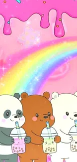 Cute bears with bubble tea and rainbow on pink background.