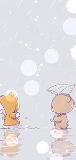 Cute cartoon bears in rain with umbrella wallpaper.