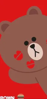 Adorable brown bear on a red background.