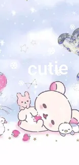 Cute bear with pastel sky and hearts wallpaper on phone screen.