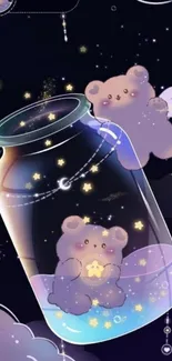 Cute bear in a jar under a starry sky wallpaper.