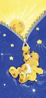 Cute bear zipping open a starry night, revealing a smiling sun.