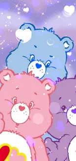 Charming trio of colorful bears against a starry background.