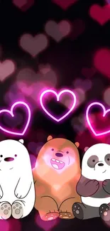 Adorable animated bears with neon hearts on black background.