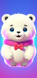 Adorable white bear with pink scarf on a purple gradient background.