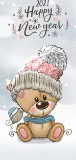 Cute teddy bear with winter hat and 'Happy New Year 2021' text.