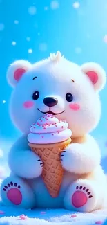 Cute bear holding an ice cream in a snowy winter setting.