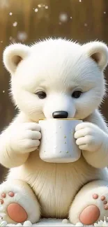 Cute white bear holding a cup with daisies.