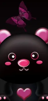 Cute bear with a pink butterfly over a dark background, mobile wallpaper.