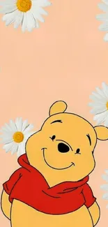 Cute cartoon bear with daisies on peach background.